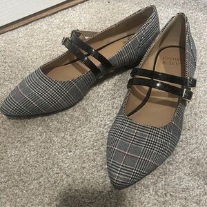 crown & ivy Gray Plaid Pointed Mary Jane Flats with Black Patent Straps